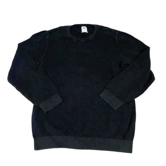 Zara Thermal Black Waffle Knit Cotton Crewneck Long Sleeve Men's XL Casual Shirt - Picture 1 of 10